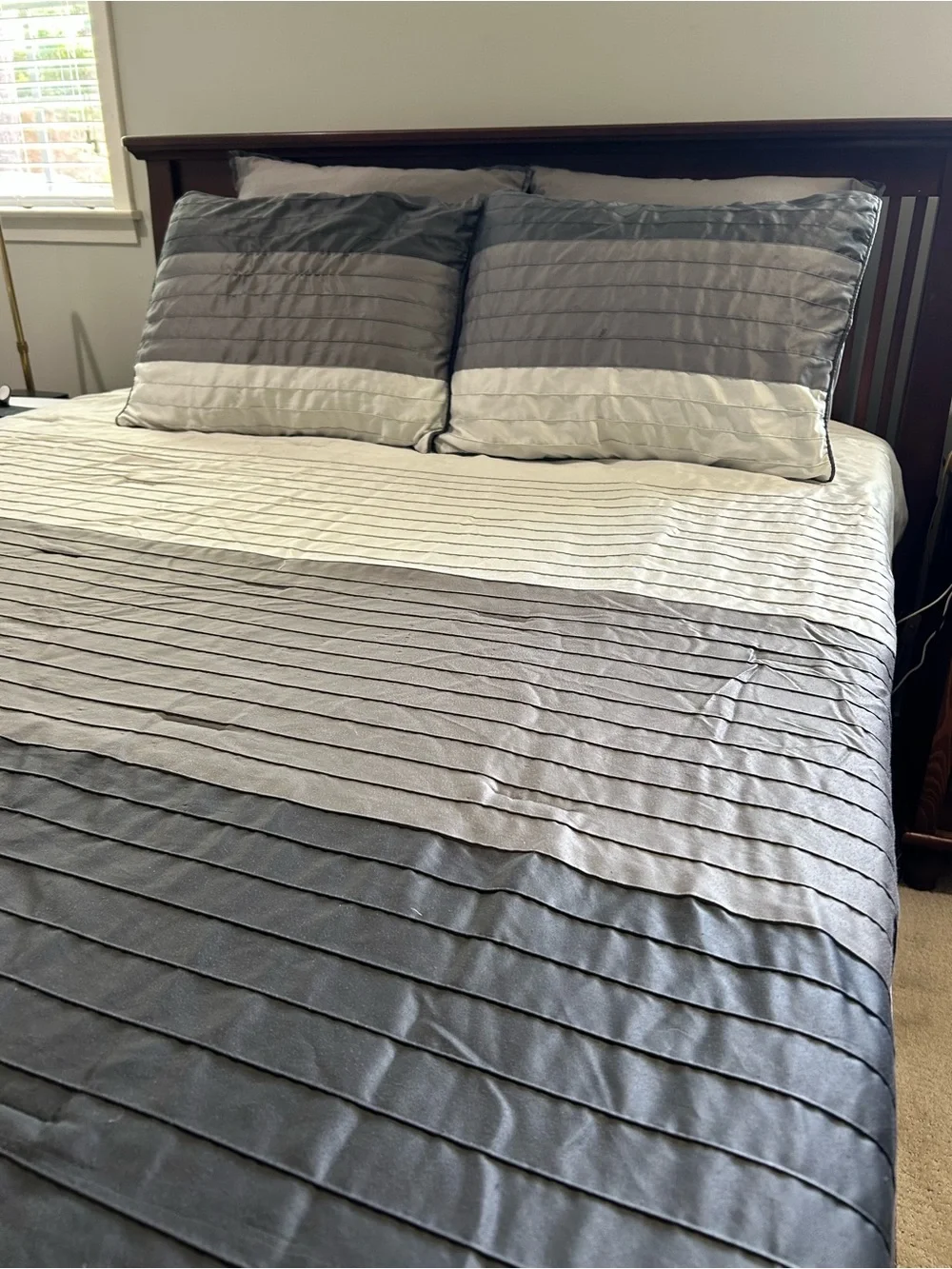 Queen Comforter Set – Gray & White Pleated Bedding Set